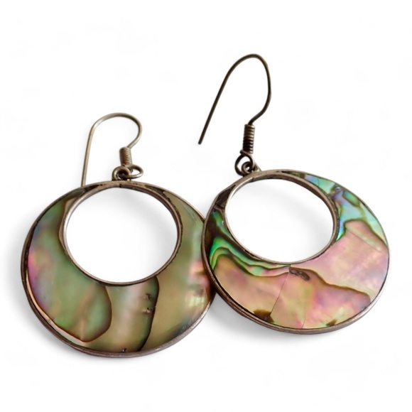 Vintage Mexico Alpaca Inlay Abalone Shell Signed Earrings Hoop Dangle Pierced - Picture 2 of 11